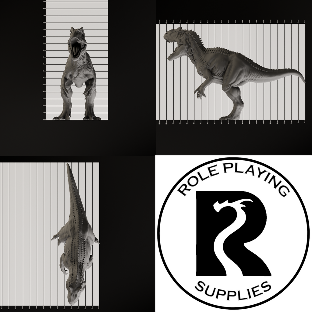 A dnd miniature allosaurus, photo showing all 3 angles with sizes in mm.