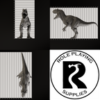 A dnd miniature allosaurus, photo showing all 3 angles with sizes in mm.