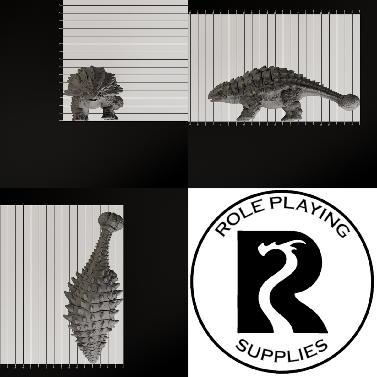 A dnd miniature ankylosaurus , photo showing all 3 angles with sizes in mm.
