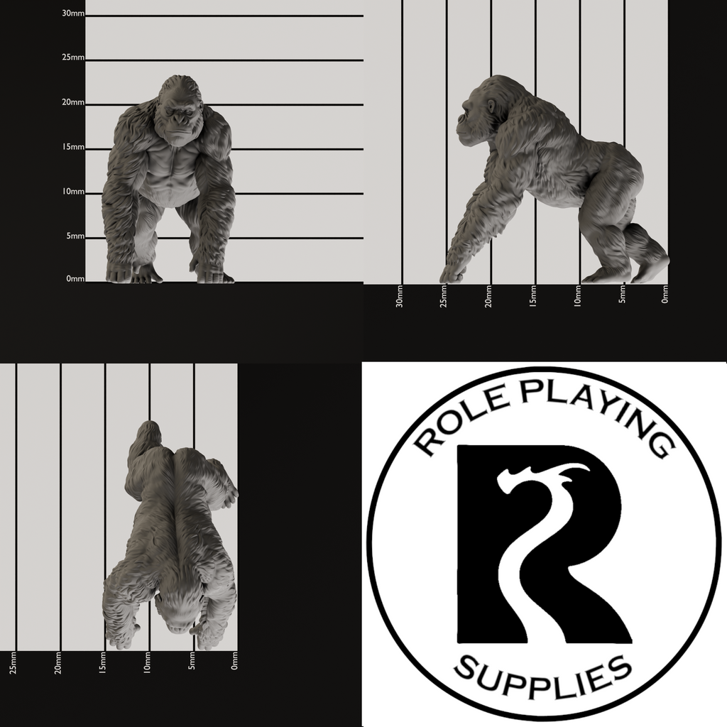 A dnd miniature ape , photo showing all 3 angles with sizes in mm.