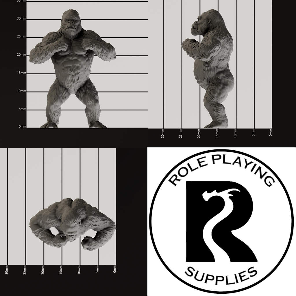 A dnd miniature ape , photo showing all 3 angles with sizes in mm.