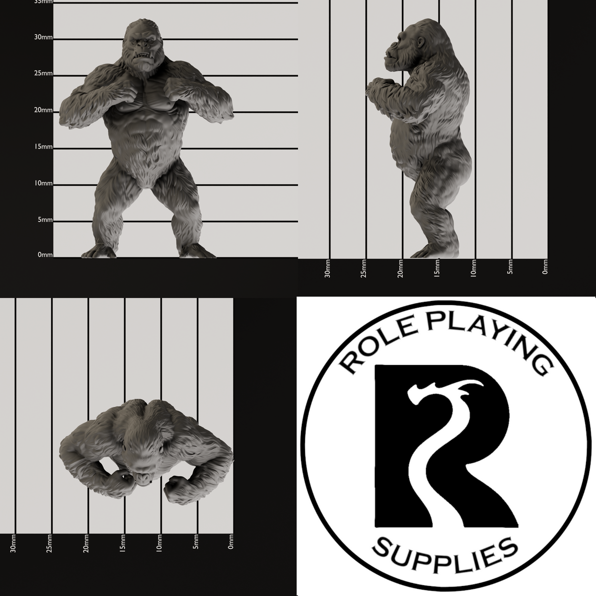 A dnd miniature ape , photo showing all 3 angles with sizes in mm.