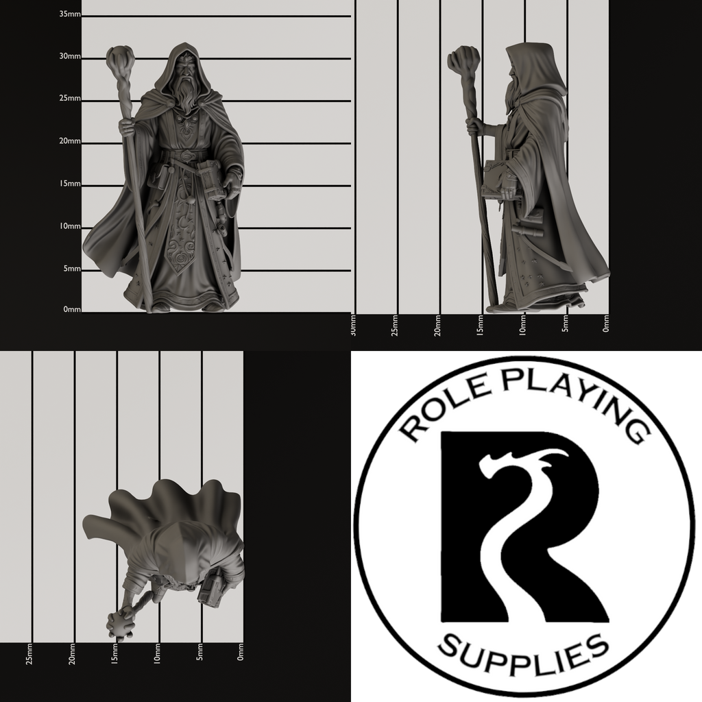 A dnd miniature archmage , photo showing all 3 angles with sizes in mm.