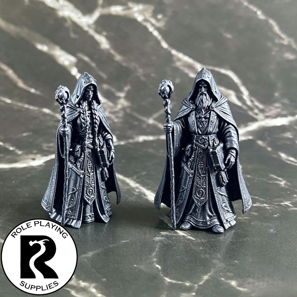 A dnd miniature archmage primed in black.
