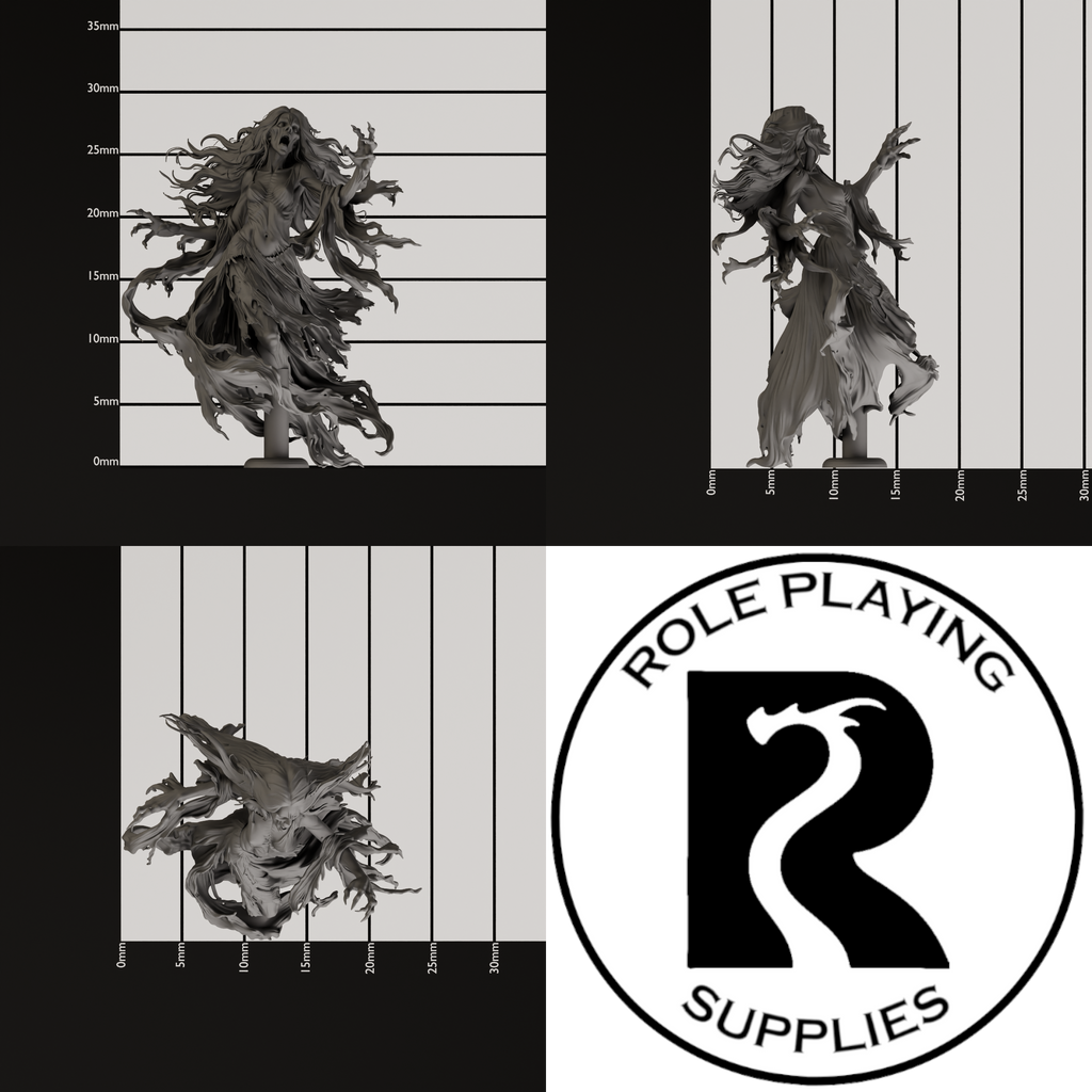 A dnd miniature banshee, photo showing all 3 angles with sizes in mm.
