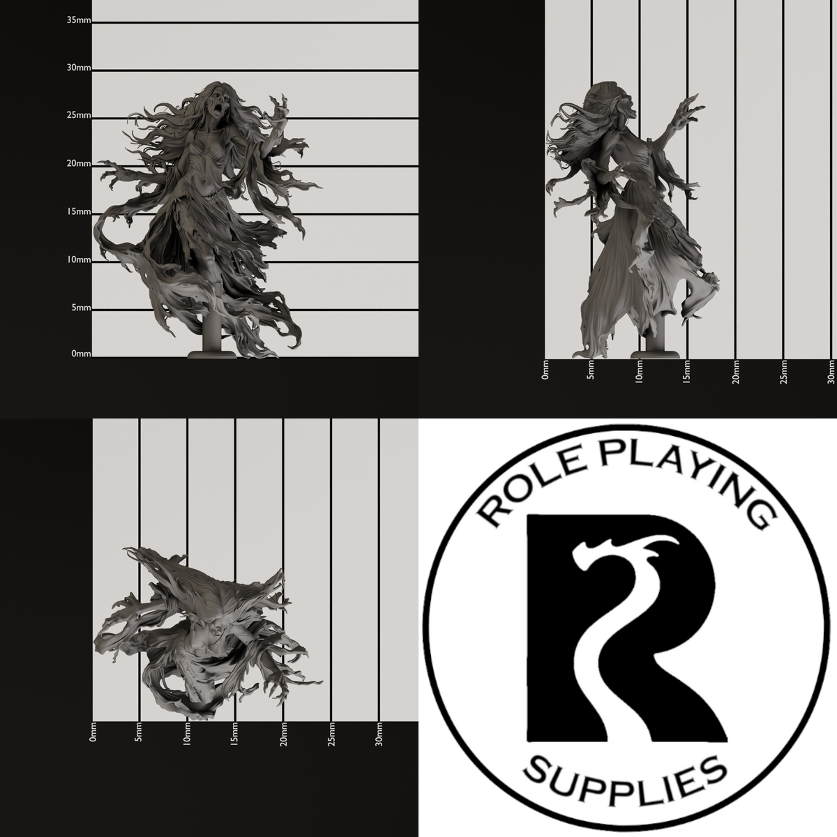 A dnd miniature banshee, photo showing all 3 angles with sizes in mm.
