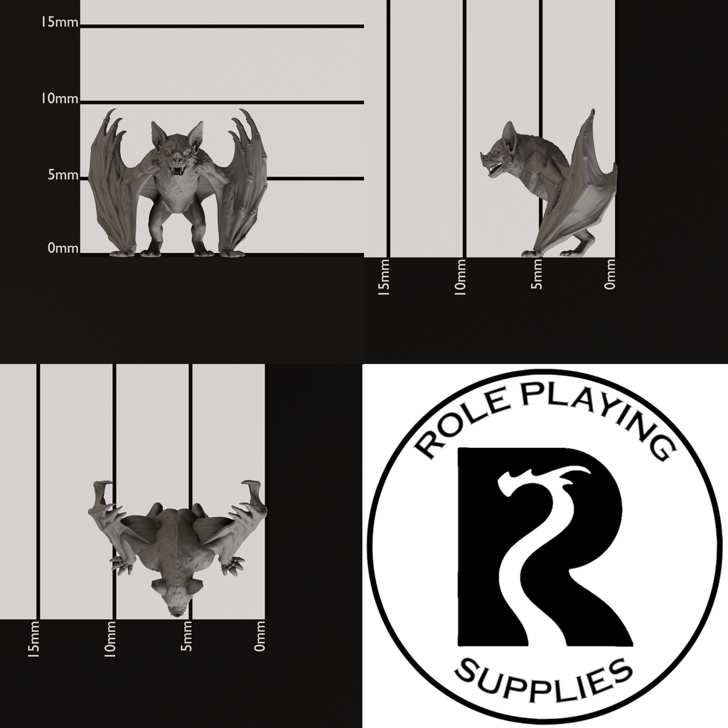 Three grayscale 3D renders of a dnd miniature bat-like fantasy creature shown with measurement guides in millimeters, alongside a circular logo reading Role Playing Supplies.