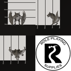 Three grayscale 3D renders of a dnd miniature bat-like fantasy creature shown with measurement guides in millimeters, alongside a circular logo reading Role Playing Supplies.