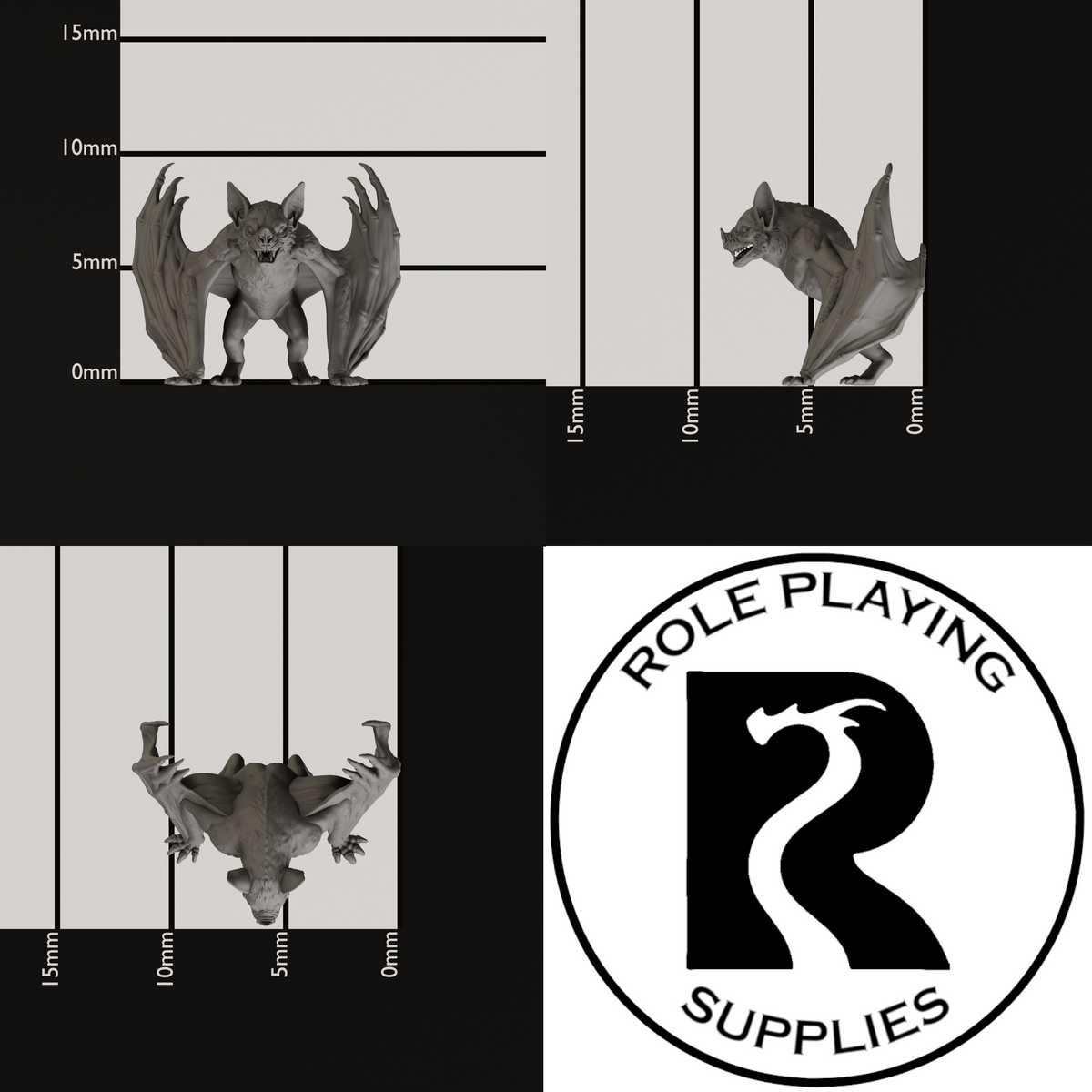 Three grayscale 3D renders of a dnd miniature bat-like fantasy creature shown with measurement guides in millimeters, alongside a circular logo reading Role Playing Supplies.