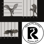 Three views of a small dnd miniature bat figurine on a display stand, shown with measurement markings in millimeters and a large Role Playing Supplies logo in the lower right.