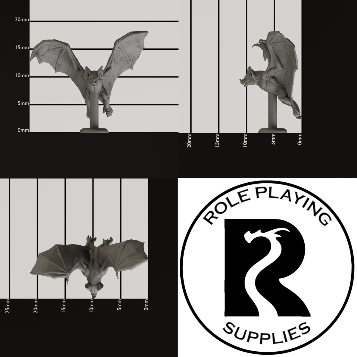 Three views of a small dnd miniature bat figurine on a display stand, shown with measurement markings in millimeters and a large Role Playing Supplies logo in the lower right.