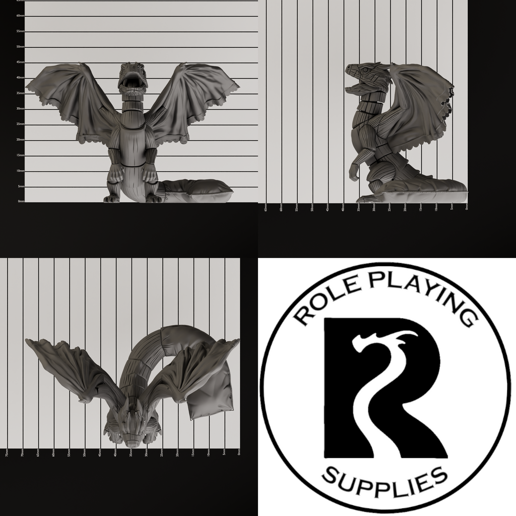 A dnd miniature bed dragon wyrmling, photo showing all 3 angles with sizes in mm.
