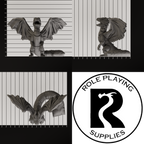 A dnd miniature bed dragon wyrmling, photo showing all 3 angles with sizes in mm.

