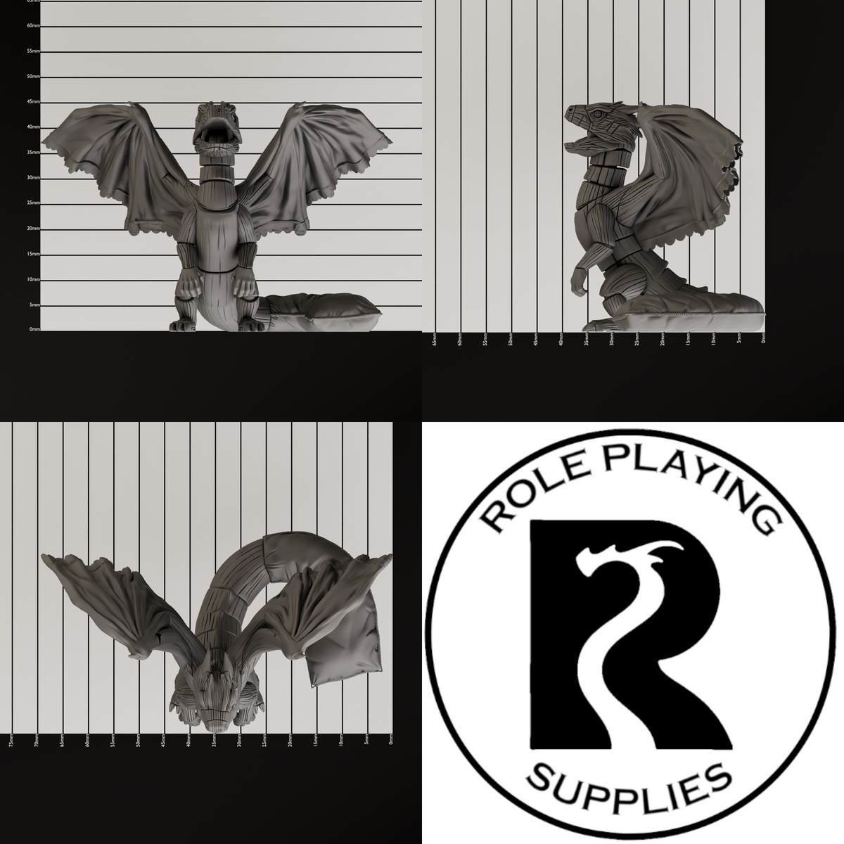 A dnd miniature bed dragon wyrmling, photo showing all 3 angles with sizes in mm.
