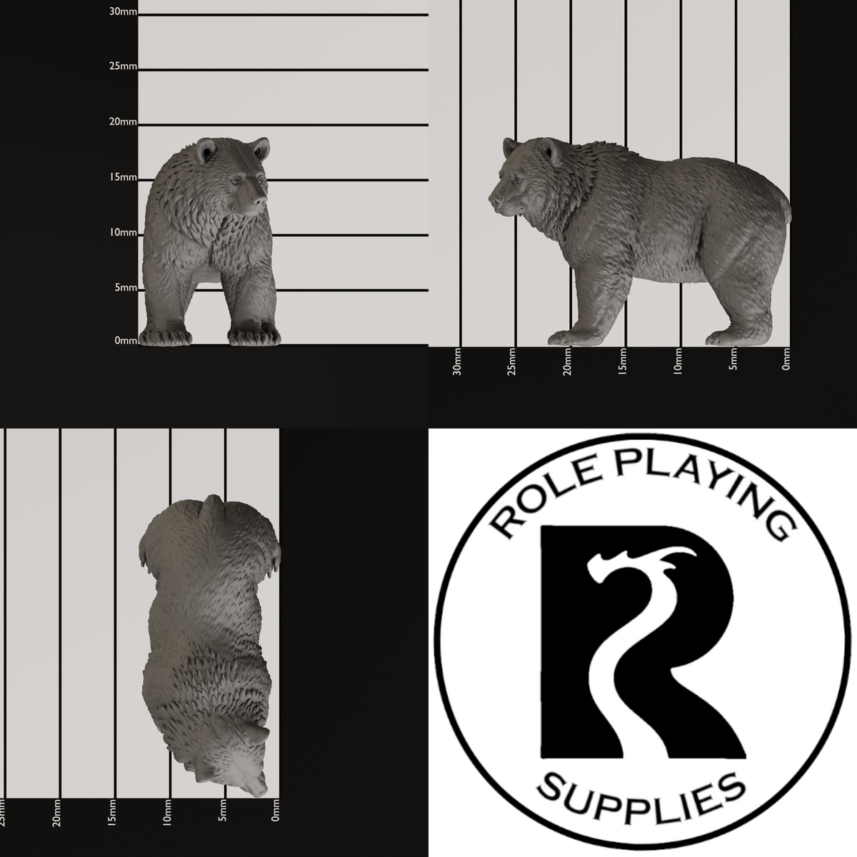 A dnd miniature black bear, photo showing all 3 angles with sizes in mm.