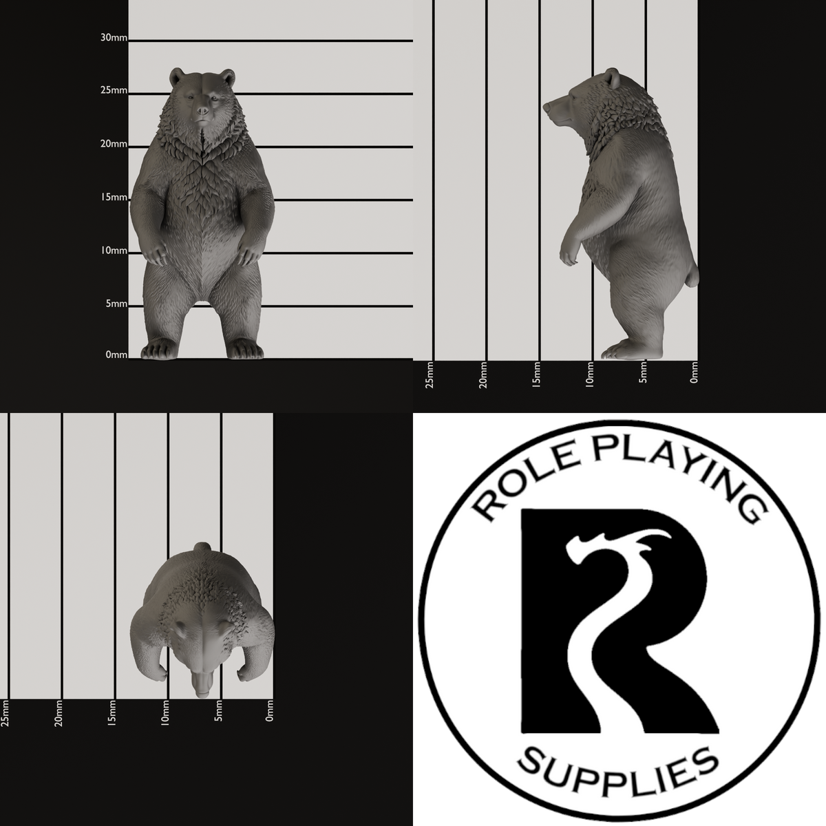 A dnd miniature black bear, photo showing all 3 angles with sizes in mm.