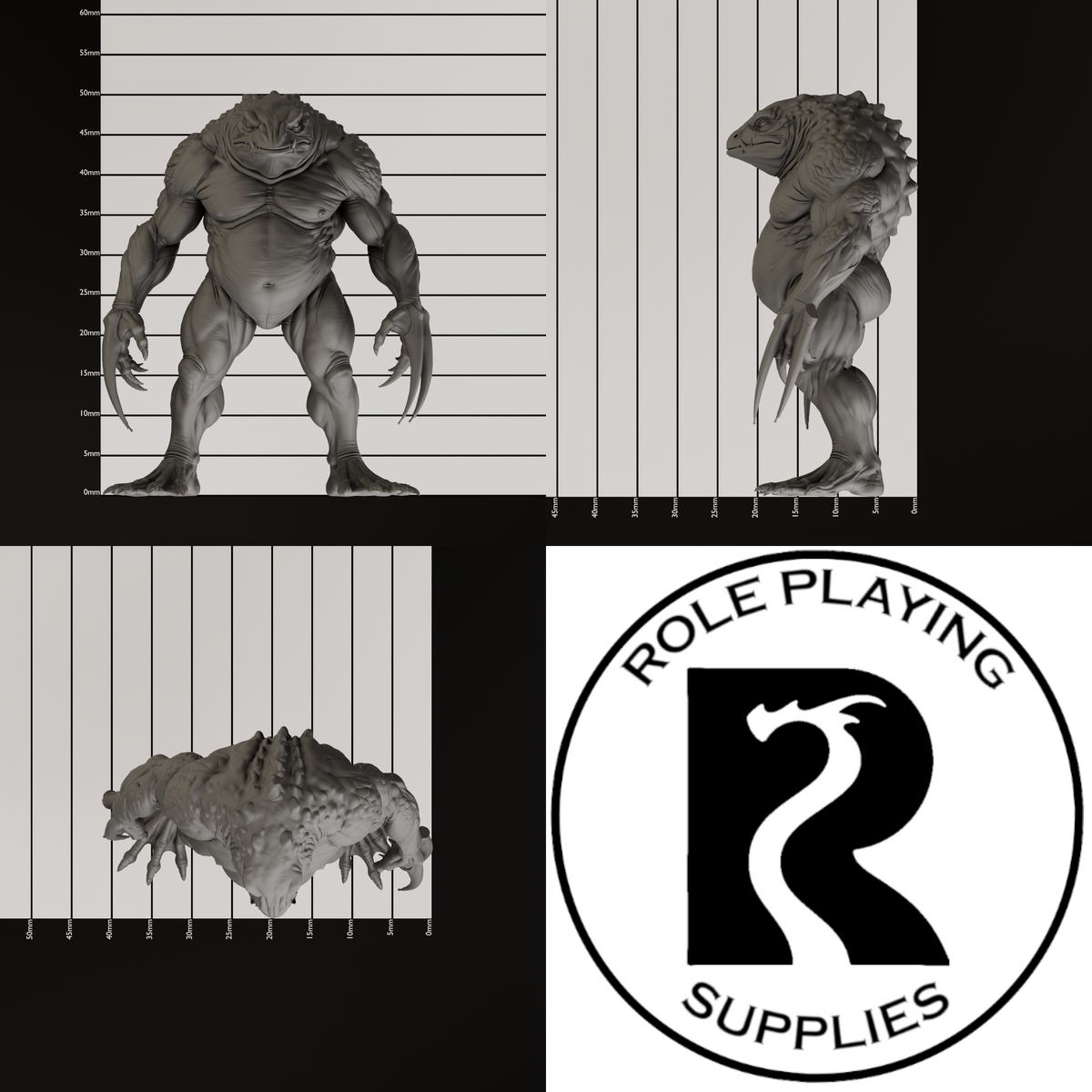A dnd miniature blue slaad , photo showing all 3 angles with sizes in mm.
