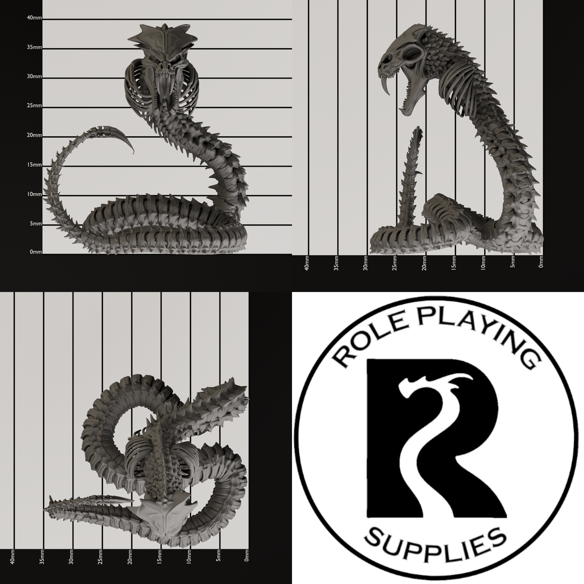 A dnd miniature bone naga, photo showing all 3 angles with sizes in mm.