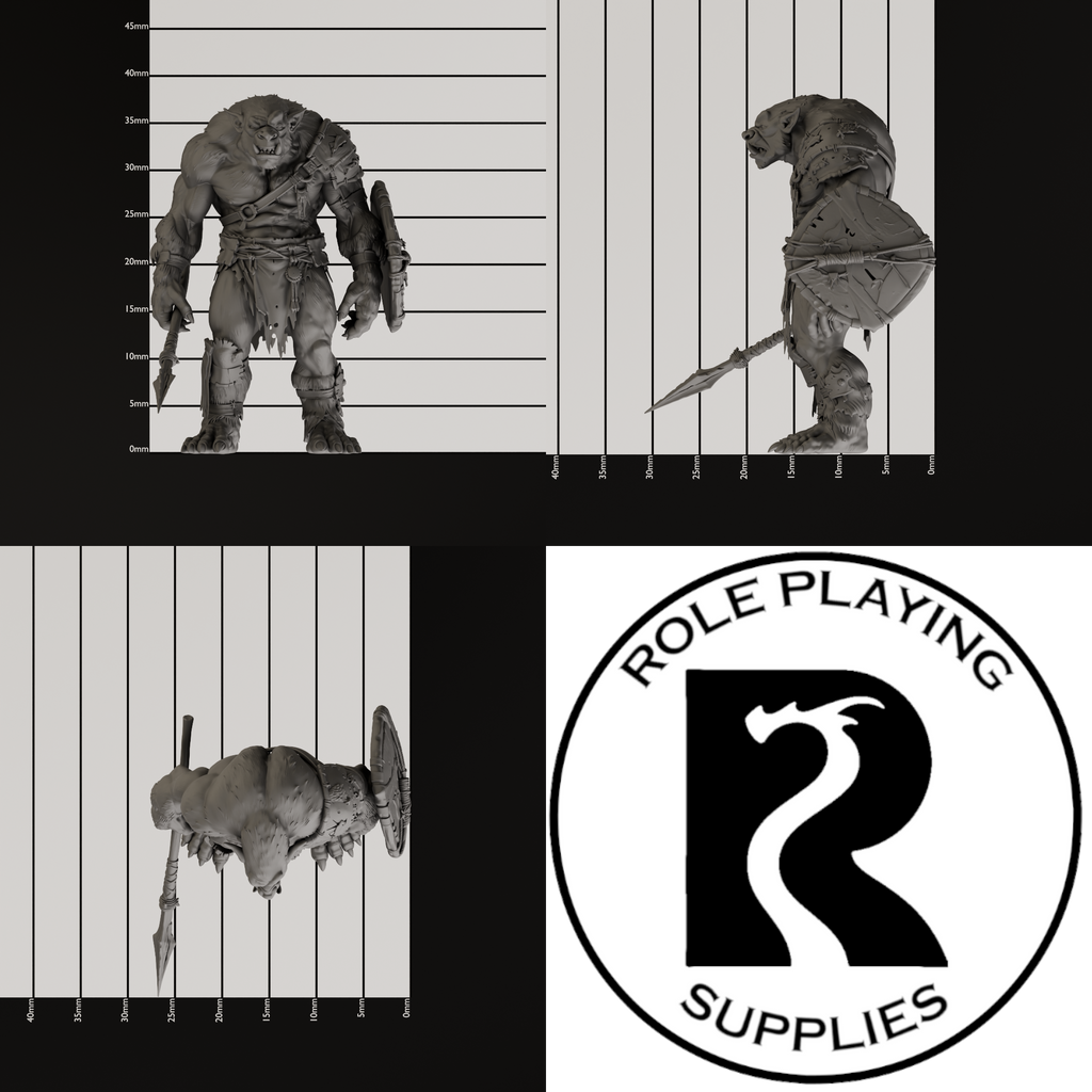 A dnd miniature bugbear, photo showing all 3 angles with sizes in mm.