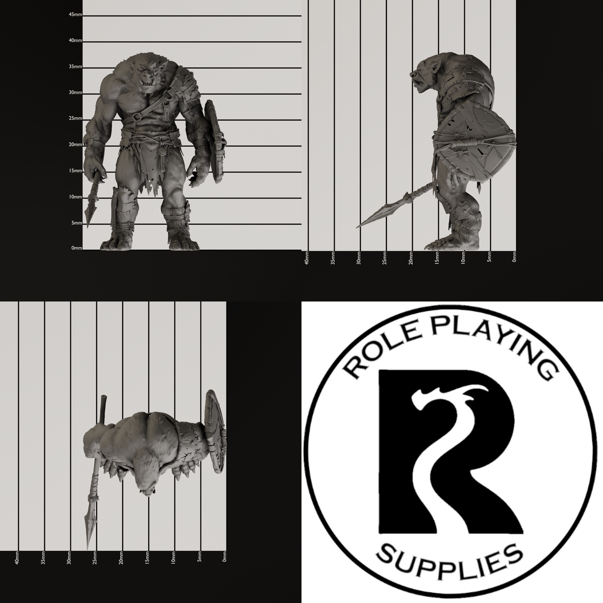 A dnd miniature bugbear, photo showing all 3 angles with sizes in mm.