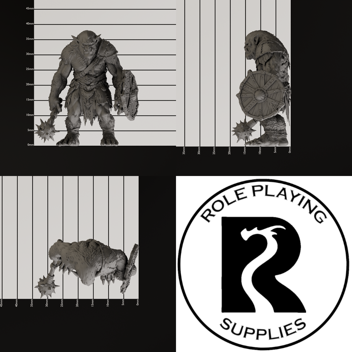 A dnd miniature bugbear, photo showing all 3 angles with sizes in mm.
