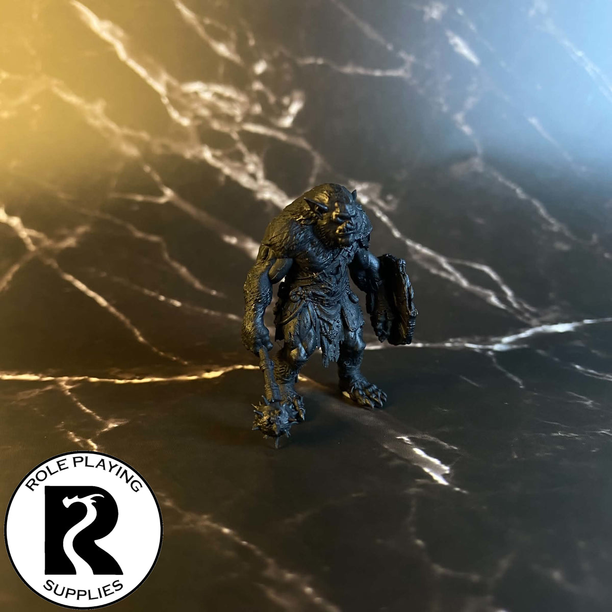 A dnd miniature bugbear primed in black.