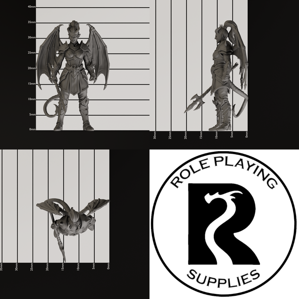 A dnd miniature cambion, photo showing all 3 angles with sizes in mm.
