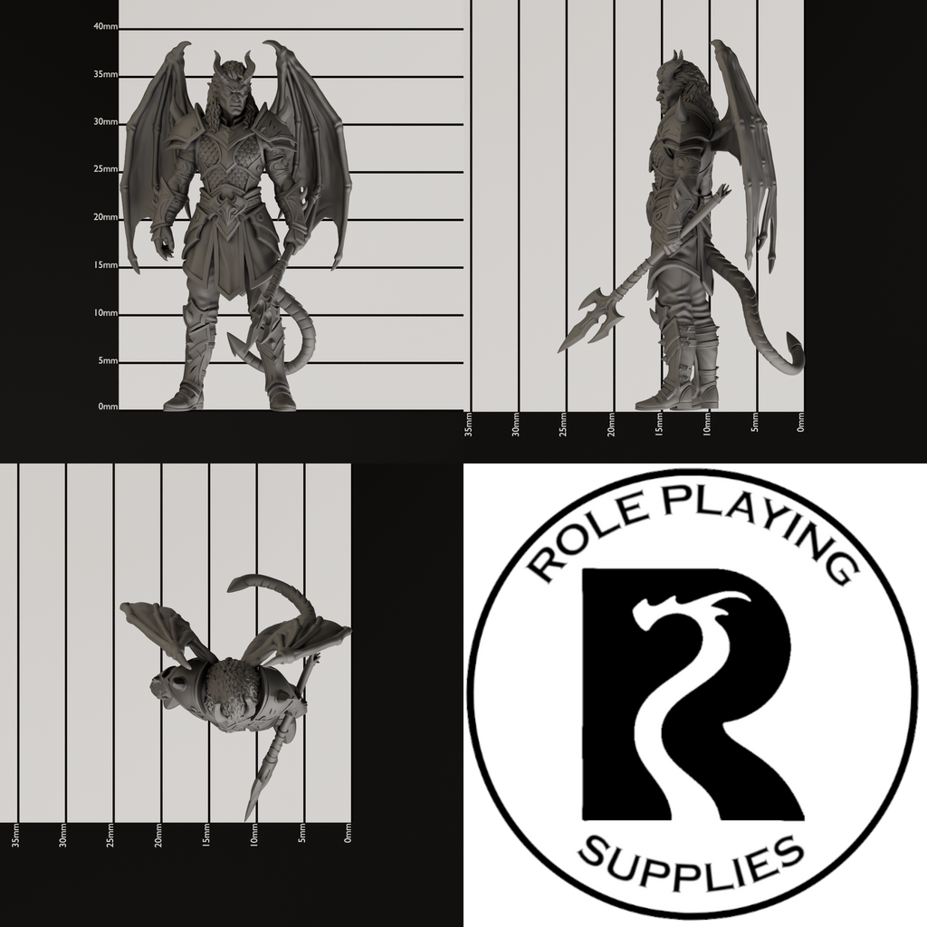 A dnd miniature cambion, photo showing all 3 angles with sizes in mm.
