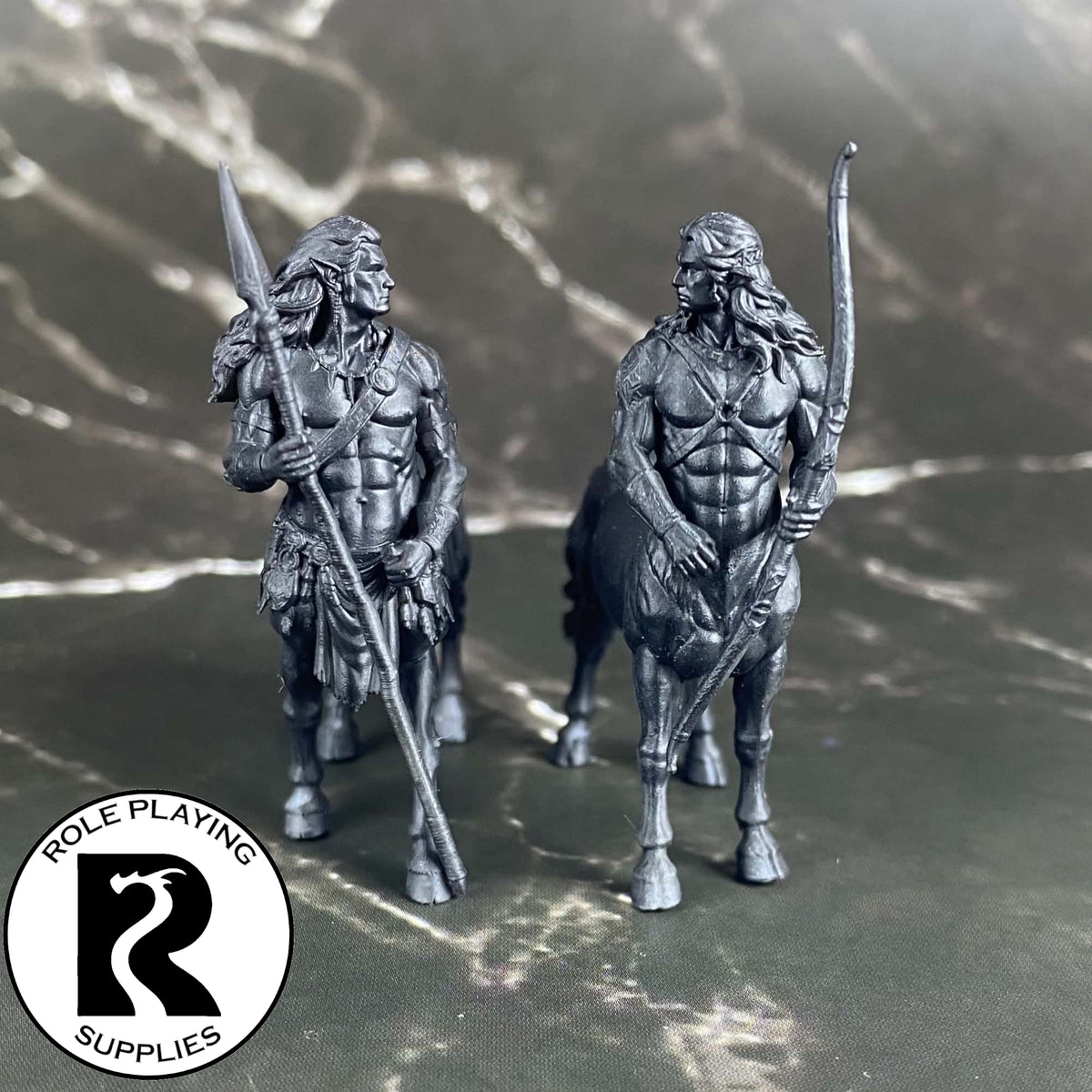 A dnd miniature centaur primed in black.
