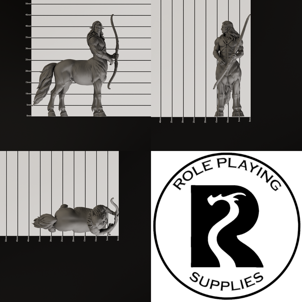 A dnd miniature centaur, photo showing all 3 angles with sizes in mm.