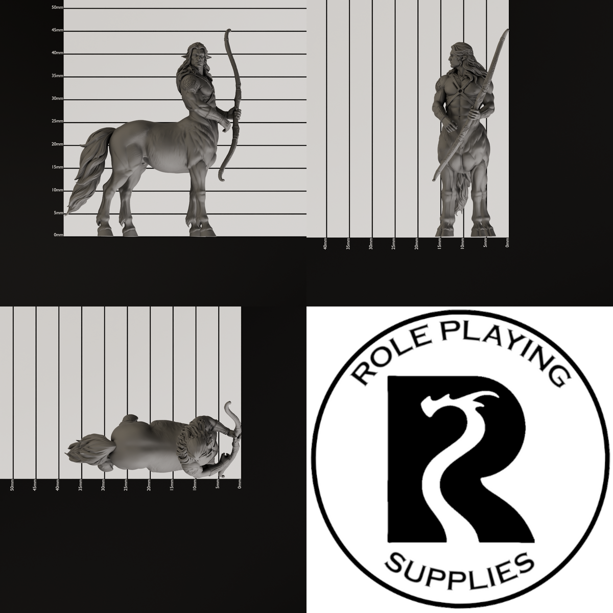 A dnd miniature centaur, photo showing all 3 angles with sizes in mm.