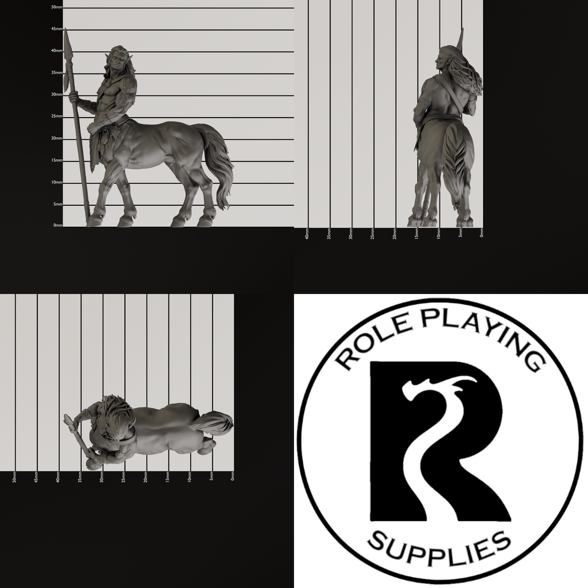 A dnd miniature centaur, photo showing all 3 angles with sizes in mm.