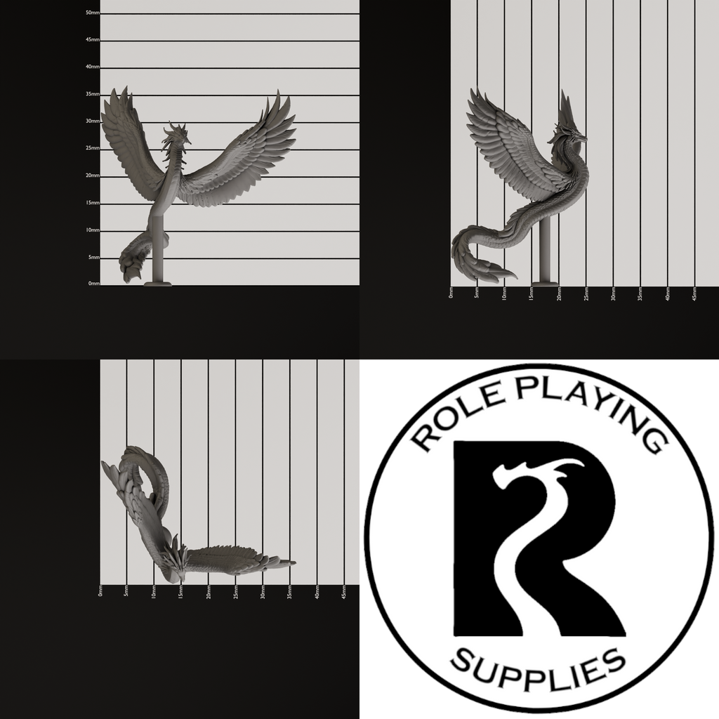 A dnd miniature couatl, photo showing all 3 angles with sizes in mm.

