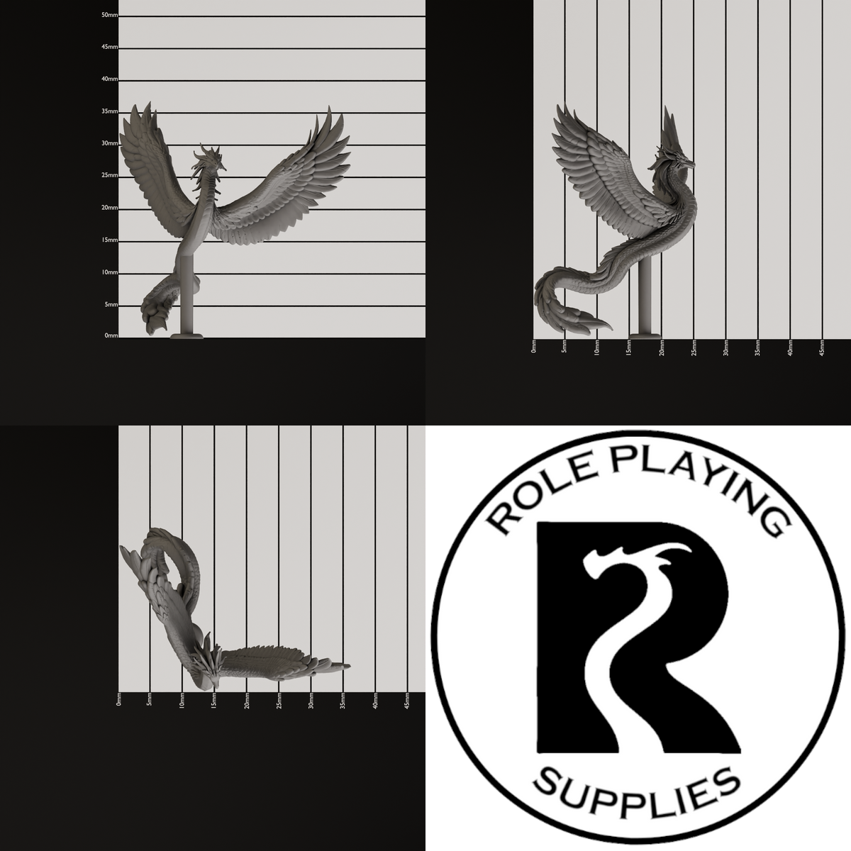 A dnd miniature couatl, photo showing all 3 angles with sizes in mm.

