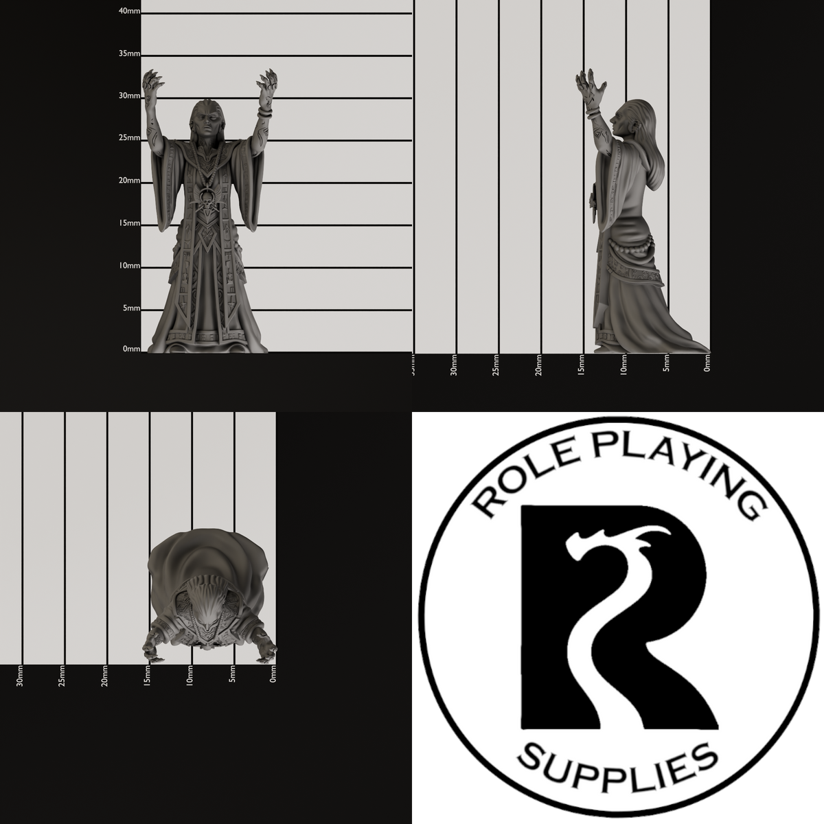 A dnd miniature cult fanatic, photo showing all 3 angles with sizes in mm.
