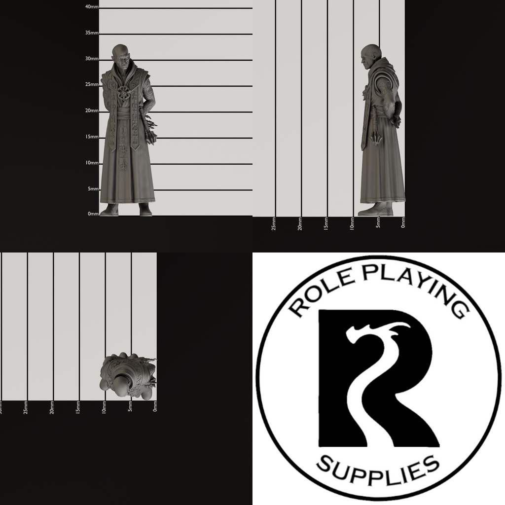 A dnd miniature cult fanatic, photo showing all 3 angles with sizes in mm.

