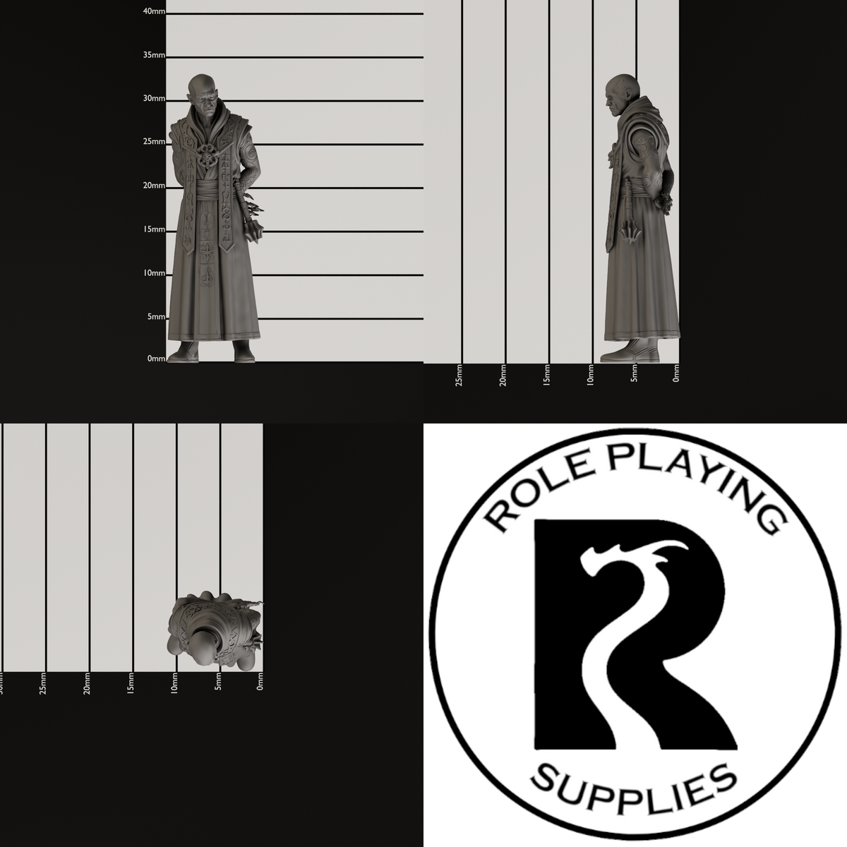 A dnd miniature cult fanatic, photo showing all 3 angles with sizes in mm.
