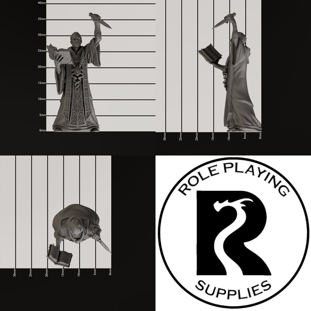 A dnd miniature cult fanatic, photo showing all 3 angles with sizes in mm.
