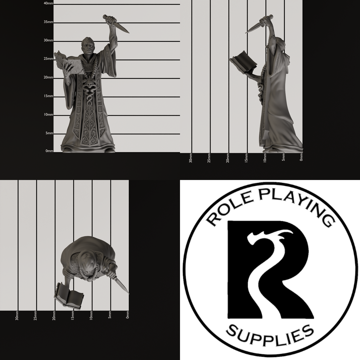 A dnd miniature cult fanatic, photo showing all 3 angles with sizes in mm.
