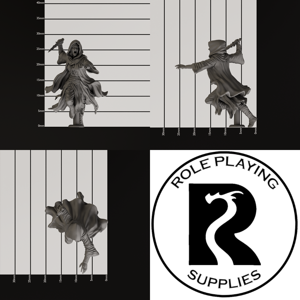 A dnd miniature cultist, photo showing all 3 angles with sizes in mm.
