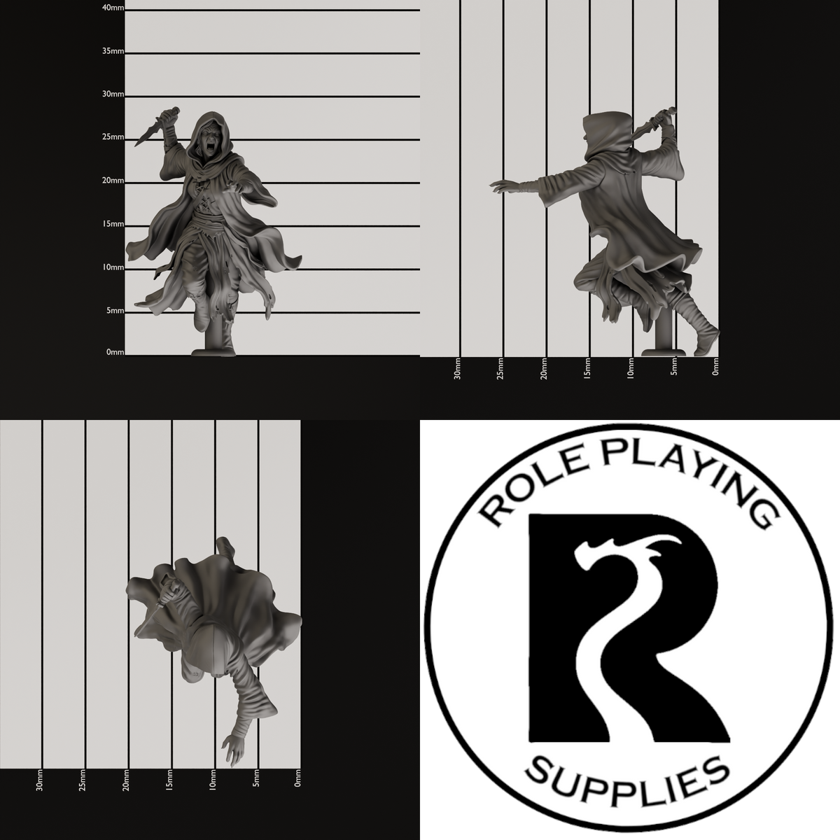 A dnd miniature cultist, photo showing all 3 angles with sizes in mm.
