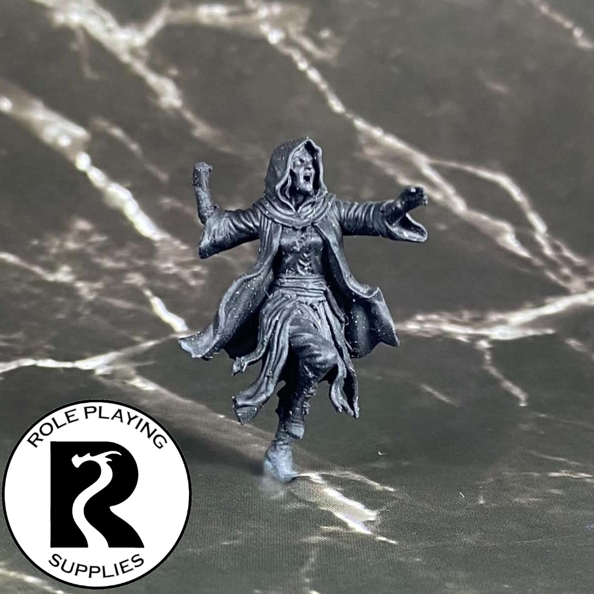 A dnd miniature cultist primed in black.
