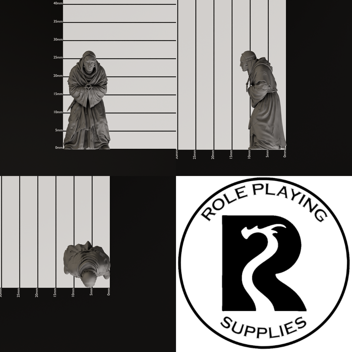 A dnd miniature cultist, photo showing all 3 angles with sizes in mm.
