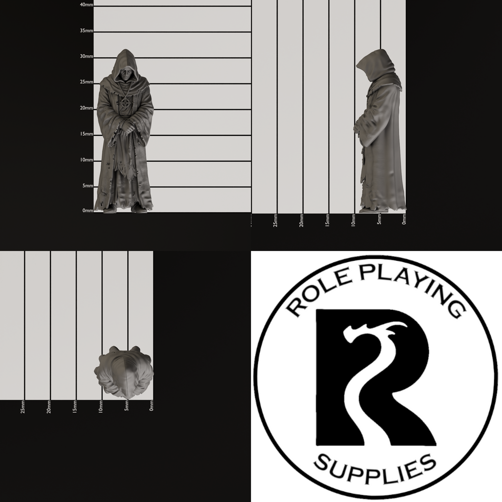 A dnd miniature cultist, photo showing all 3 angles with sizes in mm.
