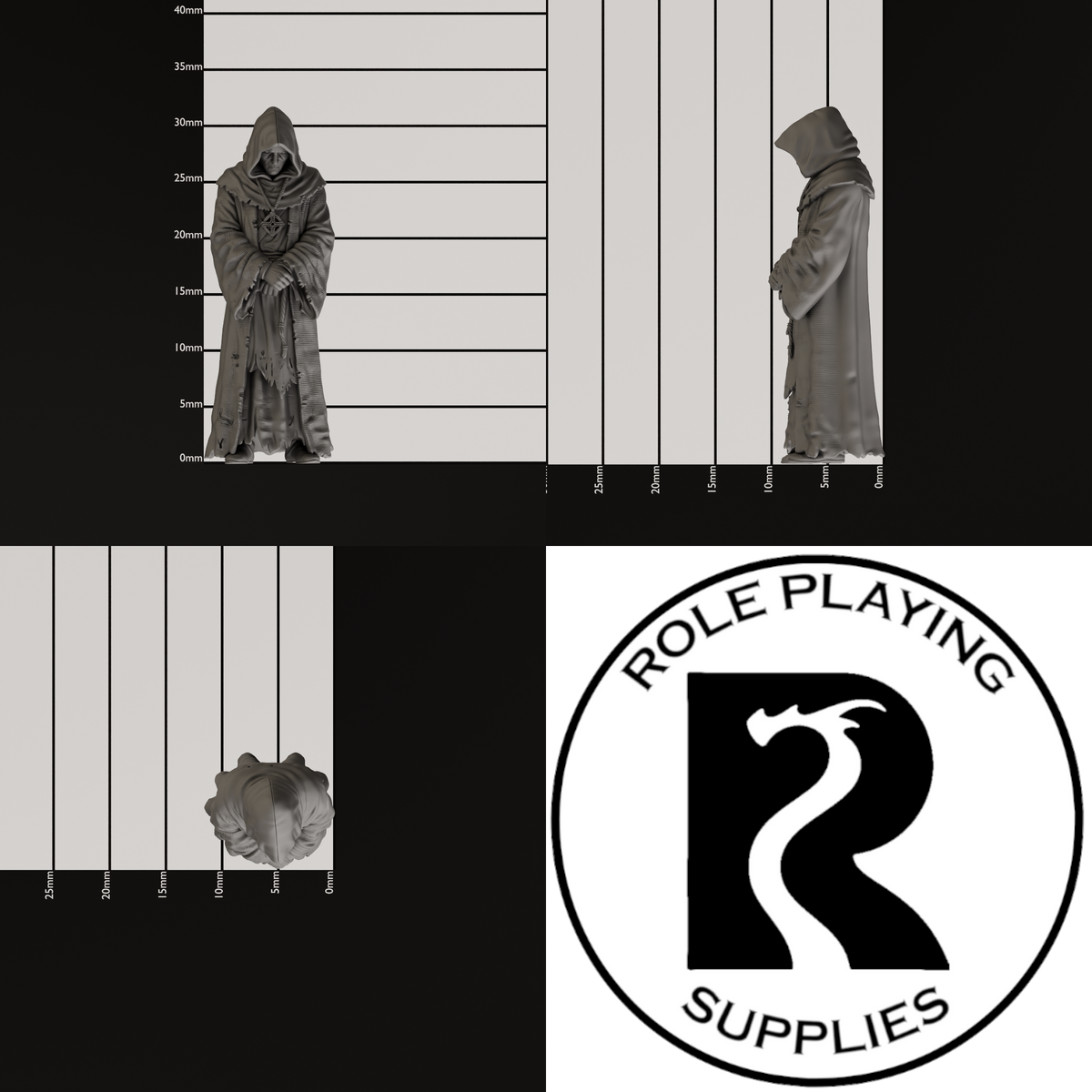 A dnd miniature cultist, photo showing all 3 angles with sizes in mm.
