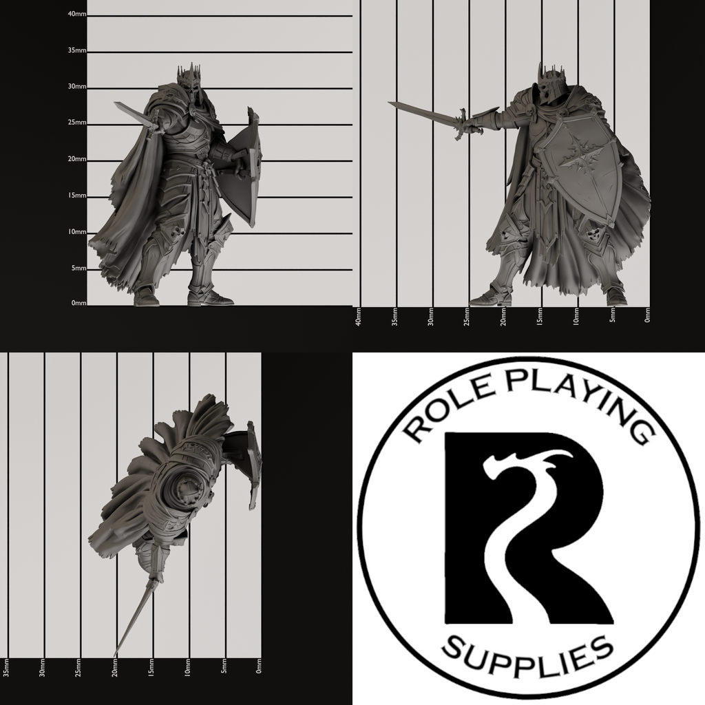 A dnd miniature death knight, photo showing all 3 angles with sizes in mm.