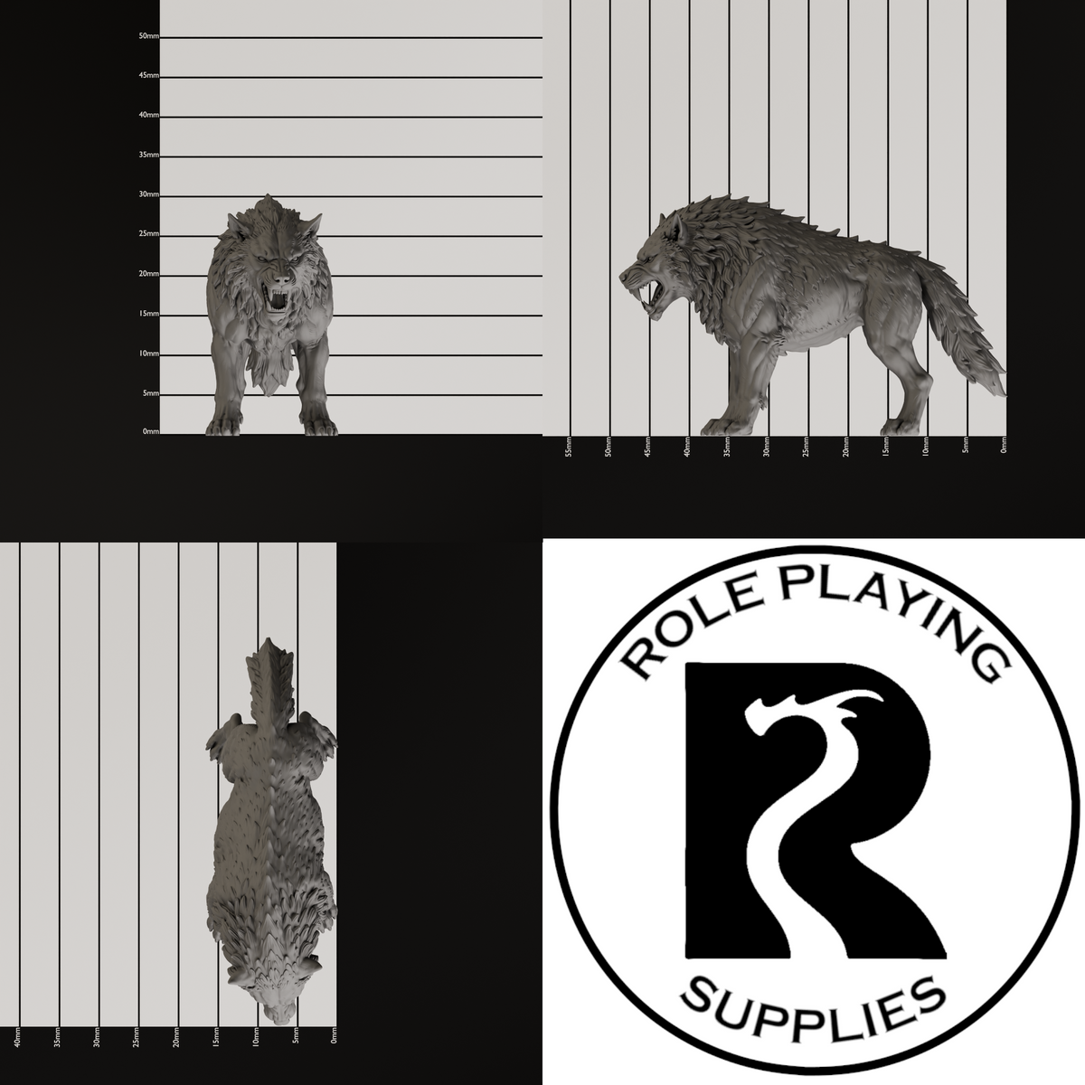A dnd miniature dire wolf, photo showing all 3 angles with sizes in mm.