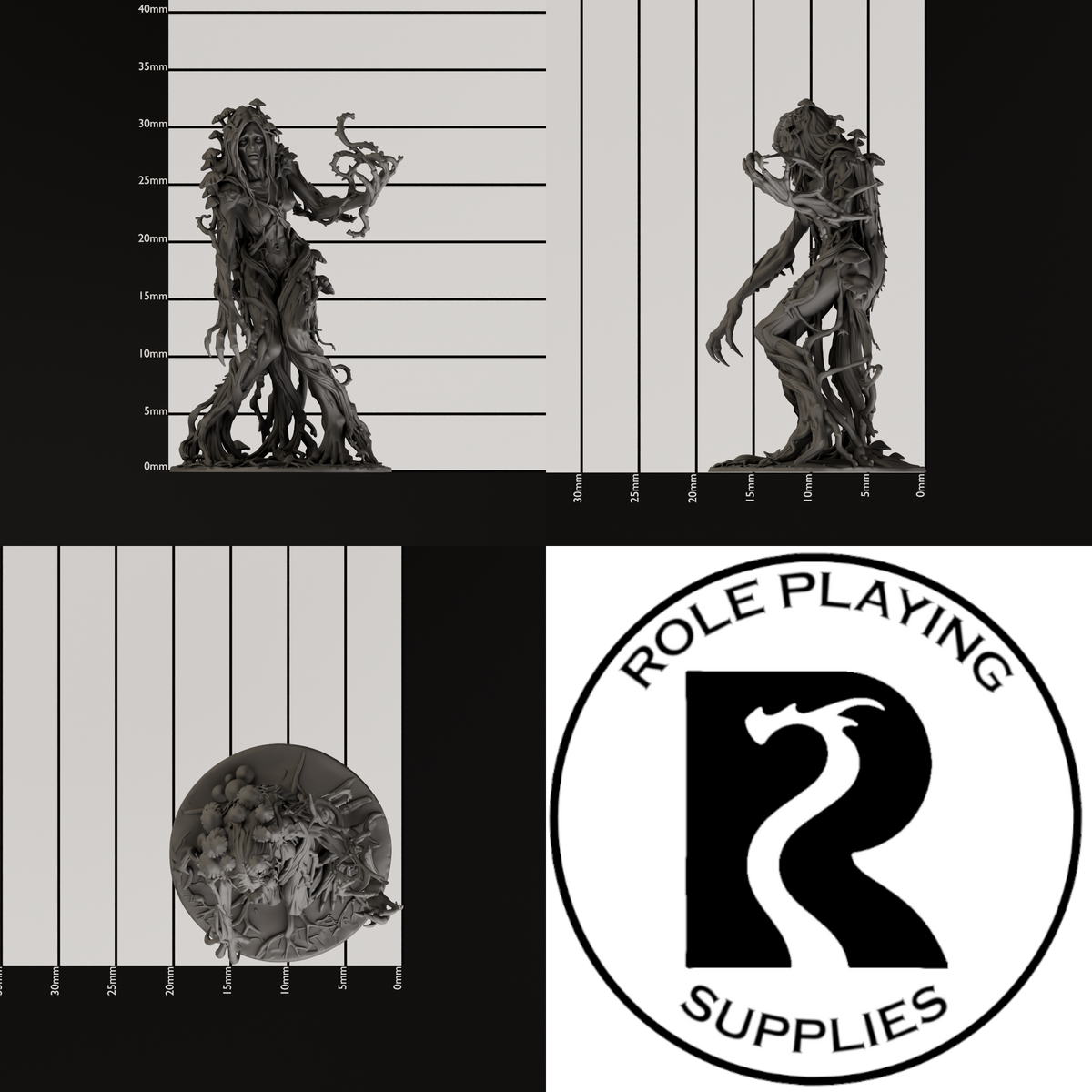 A dnd miniature dryad, photo showing all 3 angles with sizes in mm.
