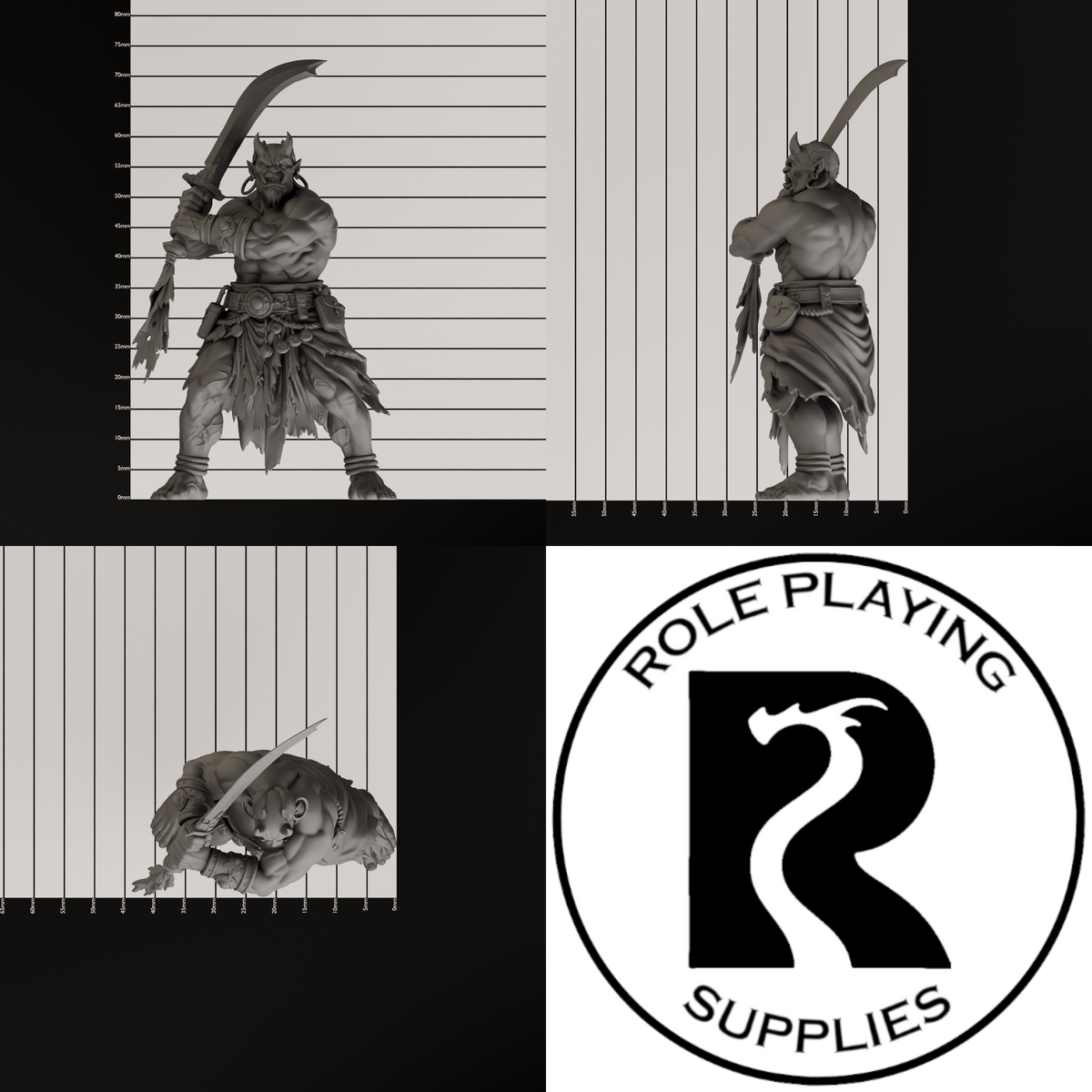 A dnd miniature efreeti, photo showing all 3 angles with sizes in mm.
