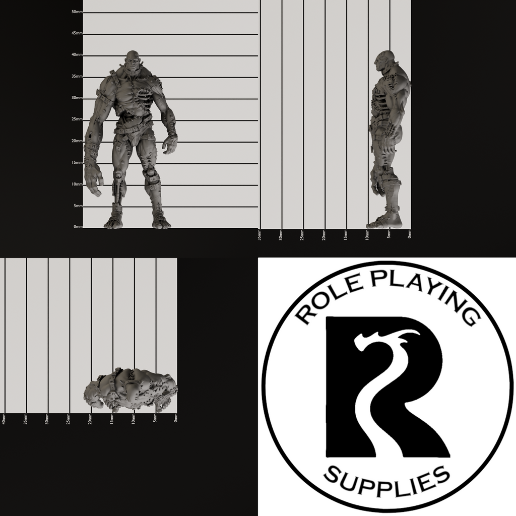 A dnd miniature flesh golem, photo showing all 3 angles with sizes in mm.